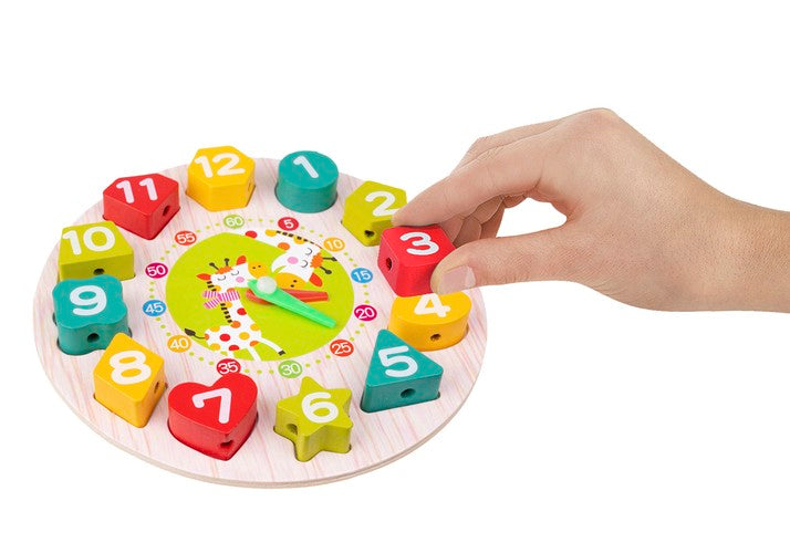 Koka rotaļlieta pulkstenis