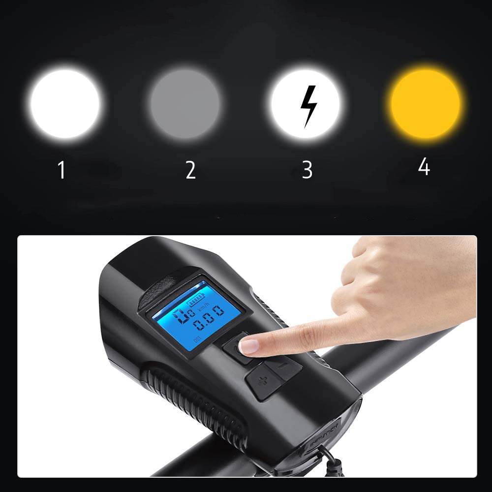 Priekšējais velosipēda lukturis ar spidometru + aizmugures gaismas lukturis