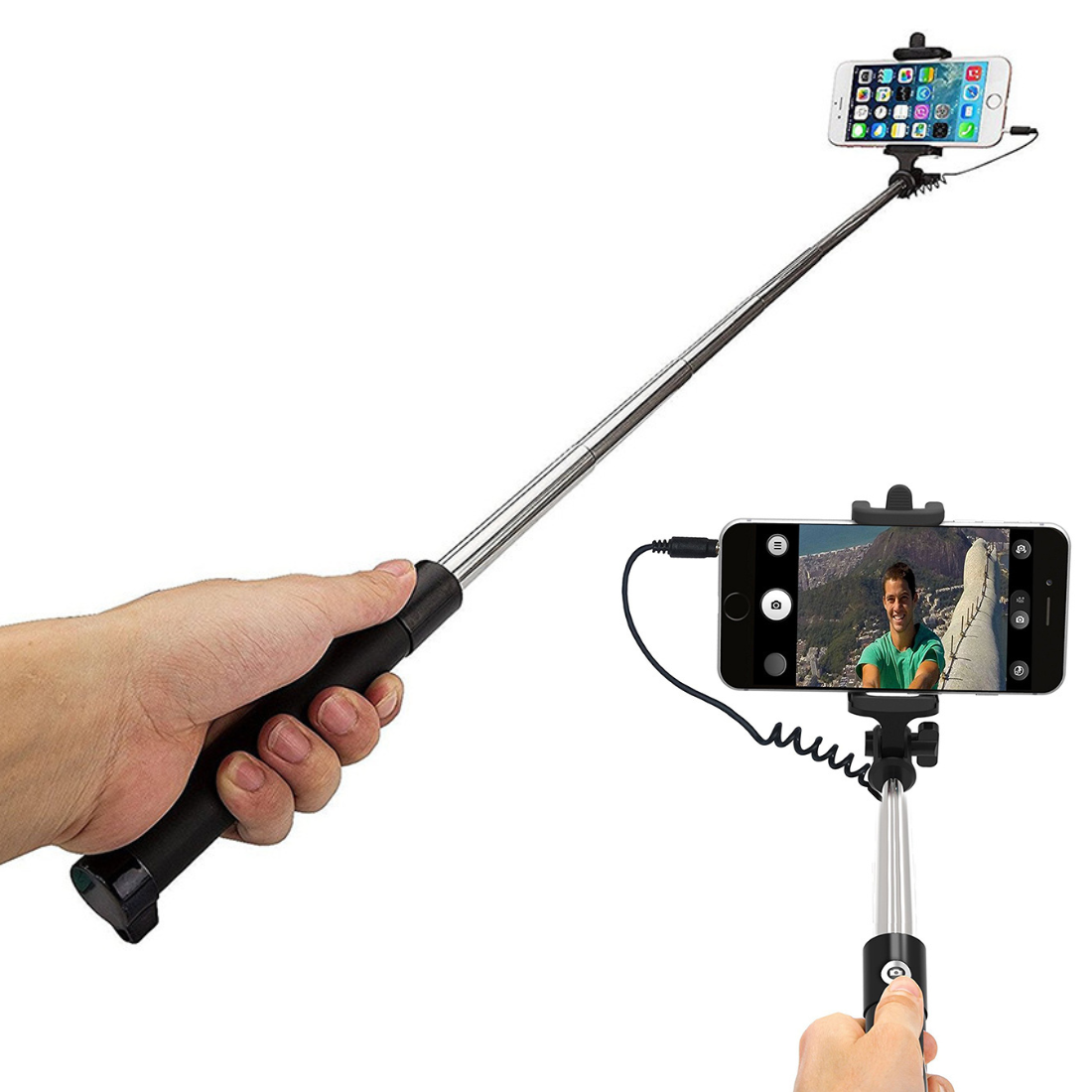 Selfiju kāts ar pogu fotoattēlu uzņemšanai