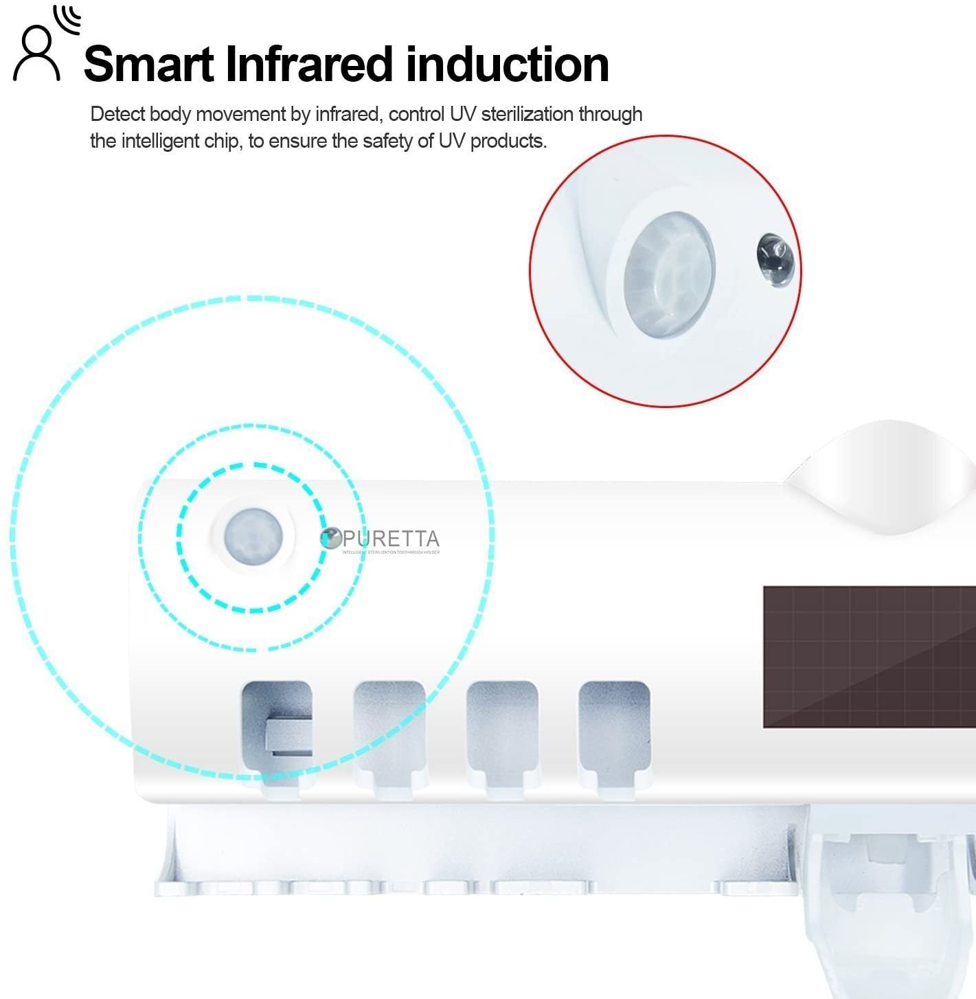 Zobu birstes turētājs ar UV sterilizatoru un zobu pastas dozatoru, piestiprināms pie sienas