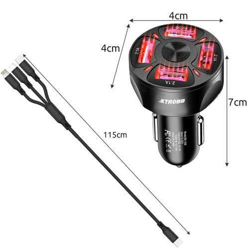 Auto lādētājs 4X USB + 19907 kabelis