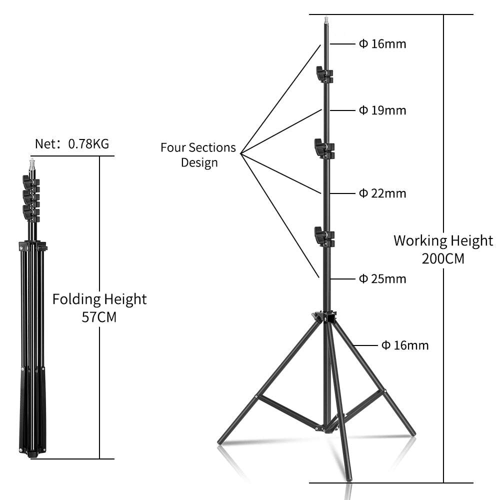 LED riņķis, gredzenveida lampa ar 2m statīvu un telefona turētāju