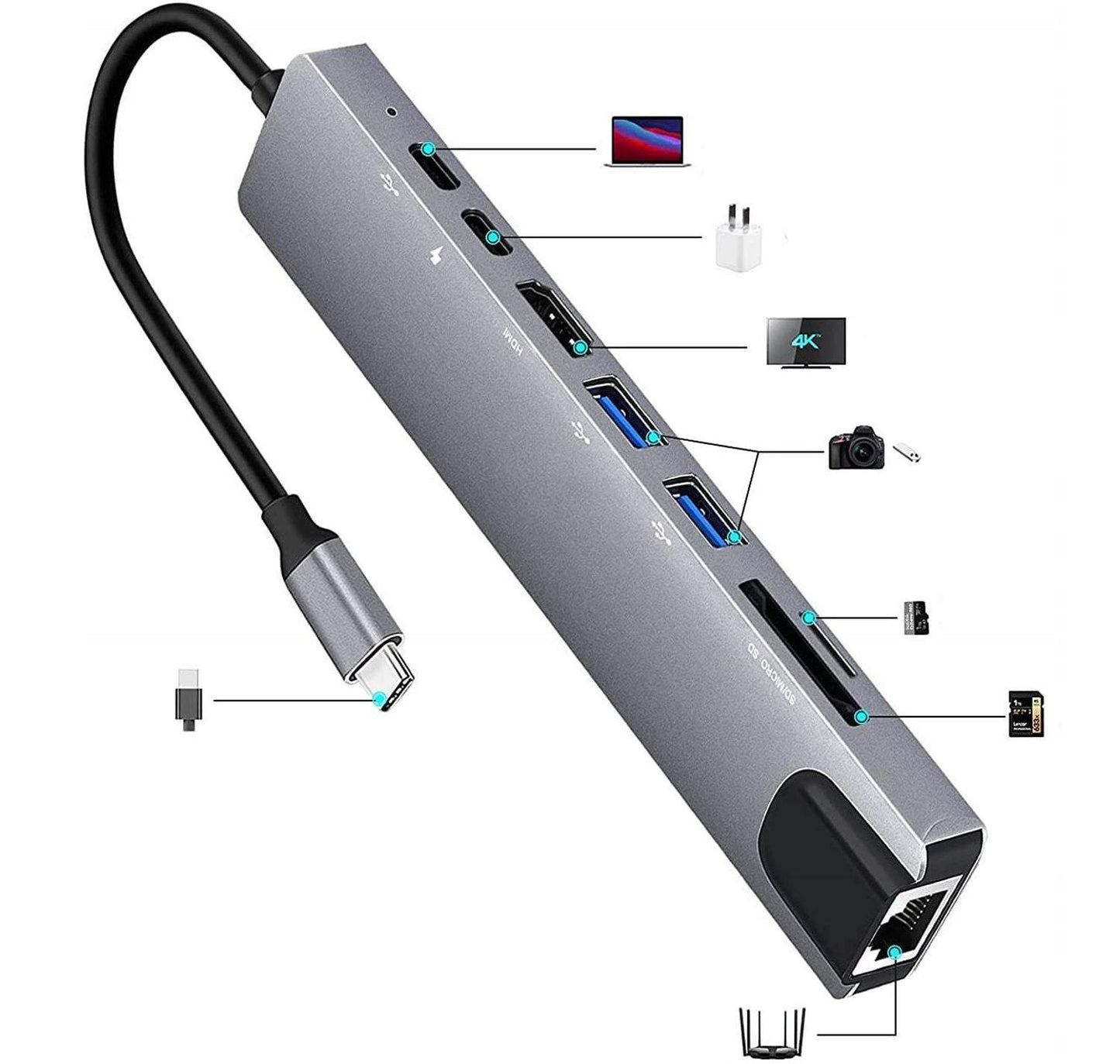 USB type-C adapteris, sadalītājs 9in1 (3x USB 3.0, HDMI, Type-C, SD, Ethernet)