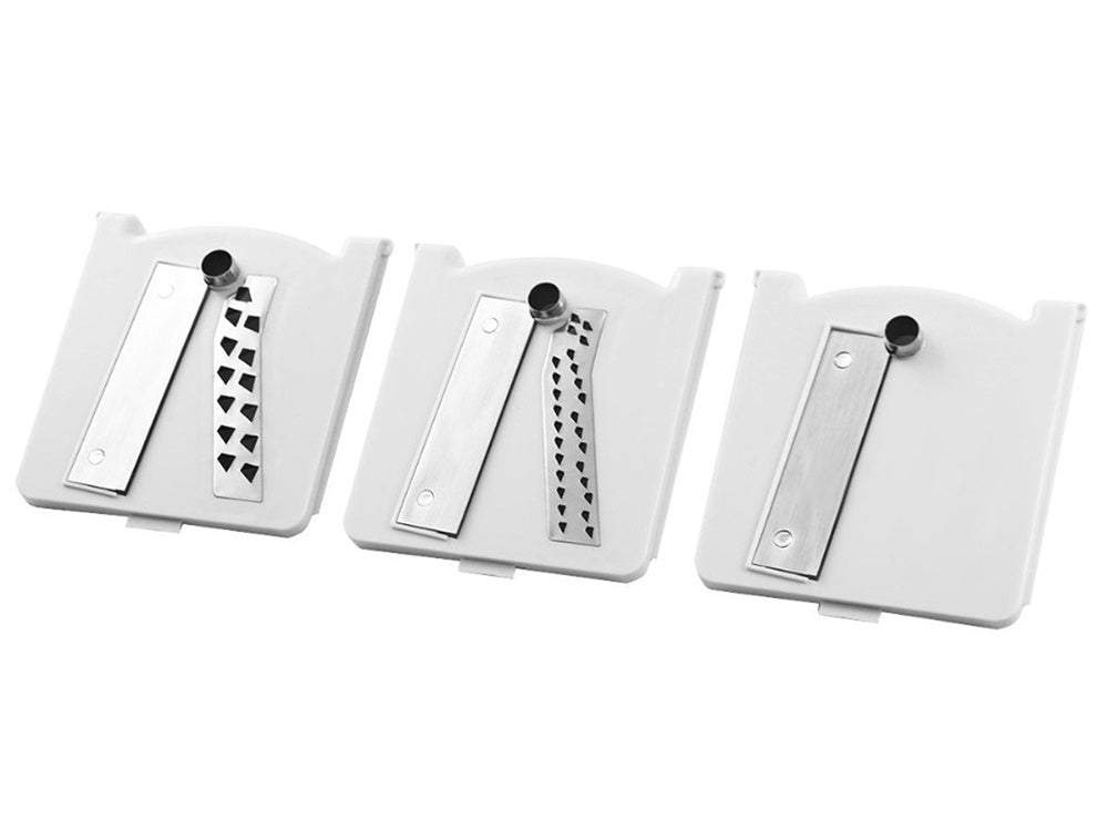 Dārzeņu griezējs ar trīs dažādiem asmeņiem.