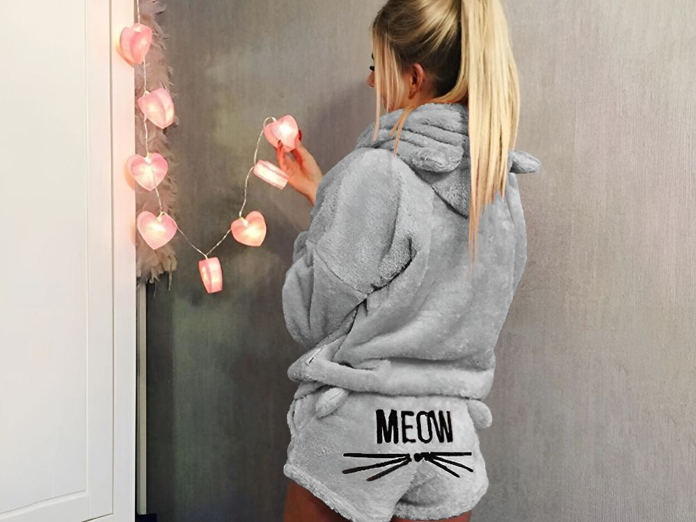 Silta sieviešu divdaļīga pidžama ar kapuci, mīksta plīša, īsa XL izmēra