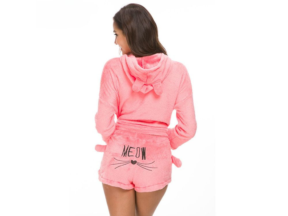 Silta sieviešu divdaļīga pidžama ar kapuci, mīksta plīša, īsa M izmērs