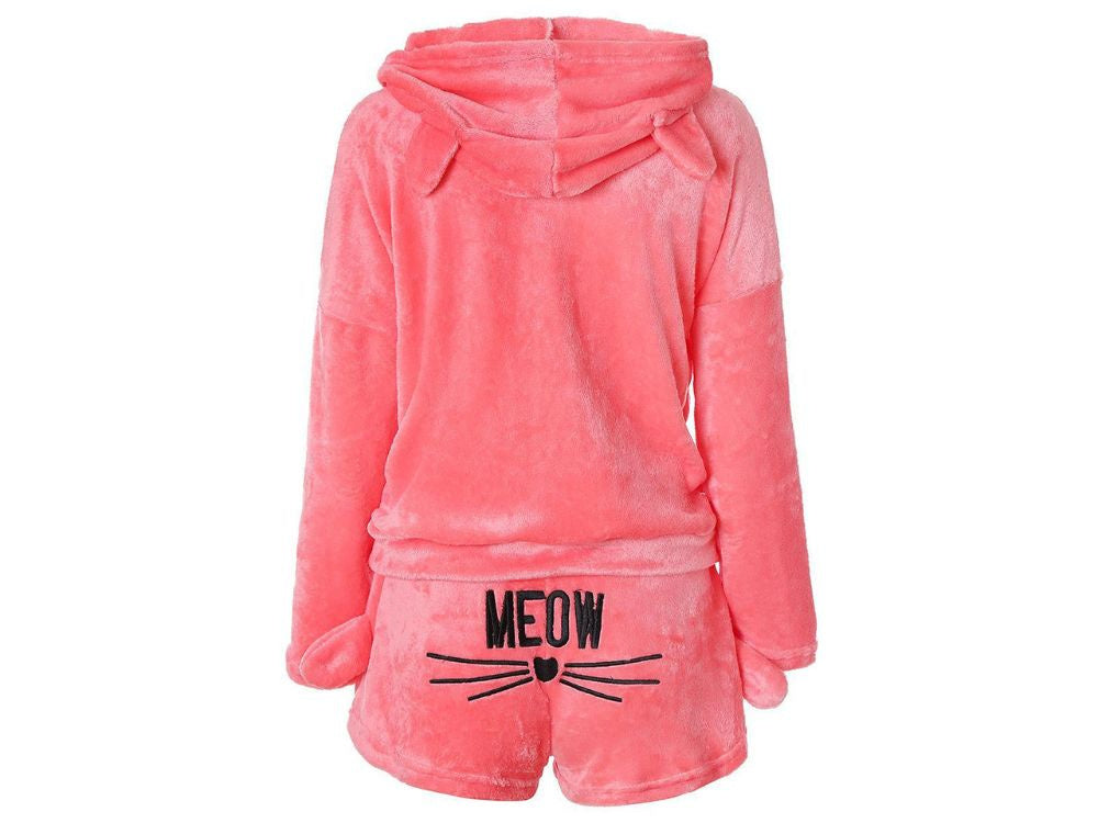 Silta sieviešu divdaļīga pidžama ar kapuci, mīksta plīša, īsa XL izmēra