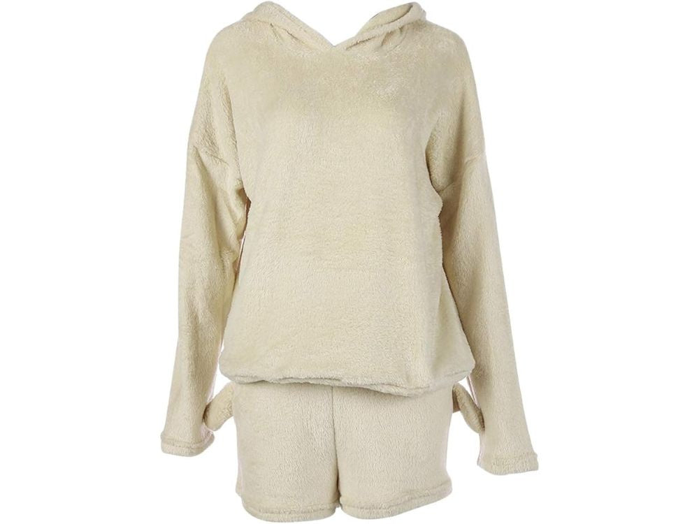 Silta sieviešu divdaļīga pidžama ar kapuci, mīksta plīša, īsa XL izmēra