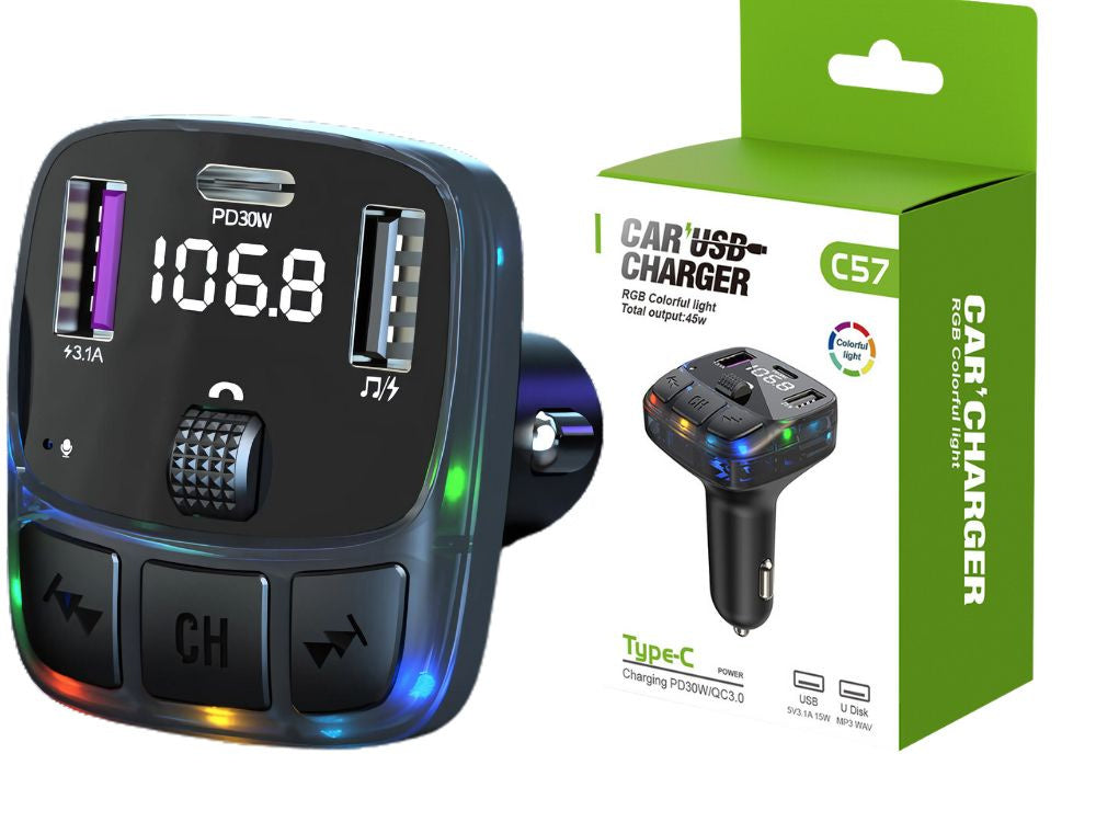 Automašīnas mp3/wma raidītājs 2xusb + usb c bluetooth 5.3 led qc 3.0
