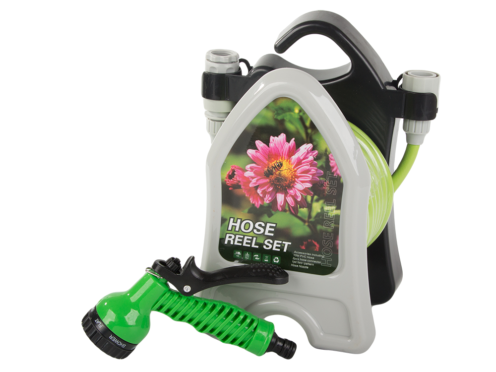 Dārza laistīšanas šļūtene uz statīva ar spirālveida smidzināšanas pistoli 10 m