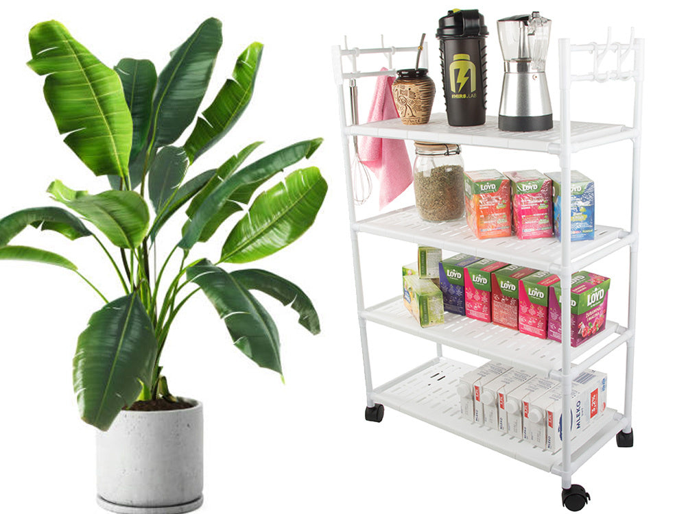 Vannas istabas plaukts, virtuves skapītis, mobilais plauktu bloks uz riteņiem, 4 līmeņu āķi