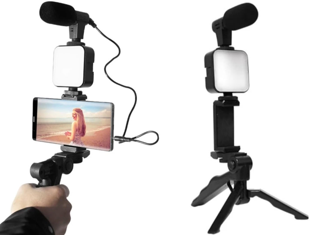 Vlogu komplekts, statīva mikrofons, tālruņa turētājs, video ierakstīšana