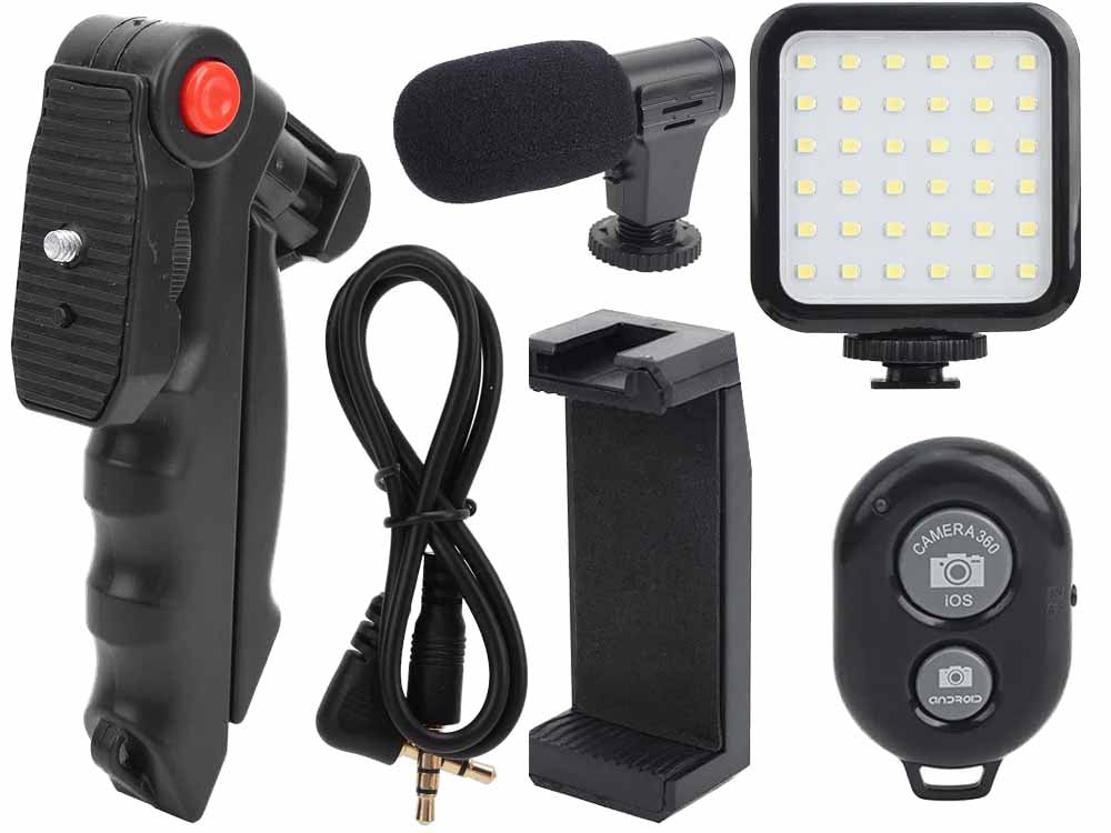 Vlogu komplekts, statīva mikrofons, tālruņa turētājs, video ierakstīšana