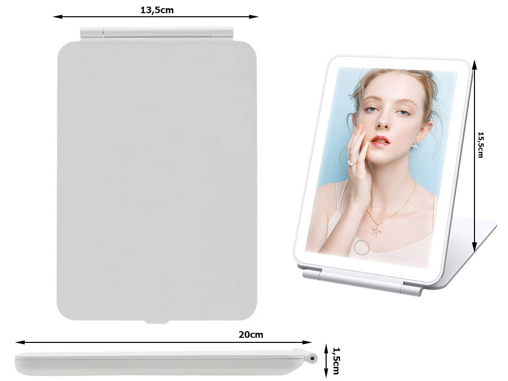 Gaismas diodes apgaismots grima spogulis, salokāms ceļojumu spogulis