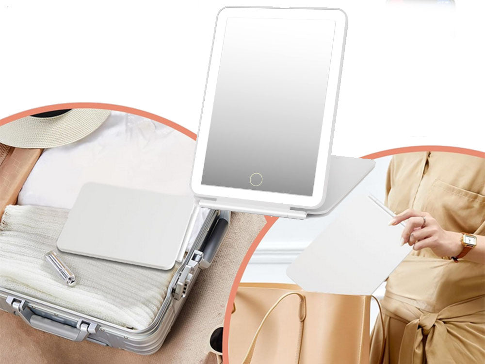 Gaismas diodes apgaismots grima spogulis, salokāms ceļojumu spogulis