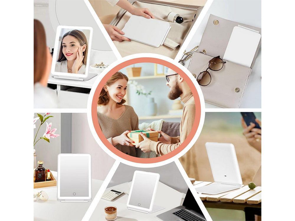 Gaismas diodes apgaismots grima spogulis, salokāms ceļojumu spogulis