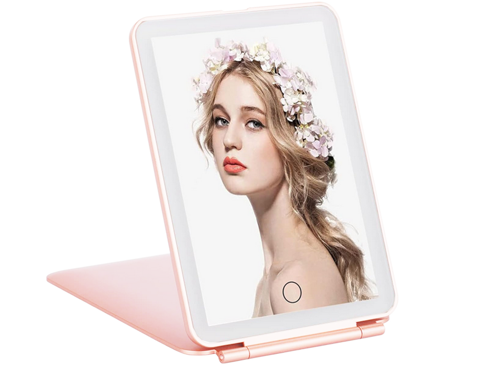 Gaismas diodes apgaismots grima spogulis, salokāms ceļojumu spogulis