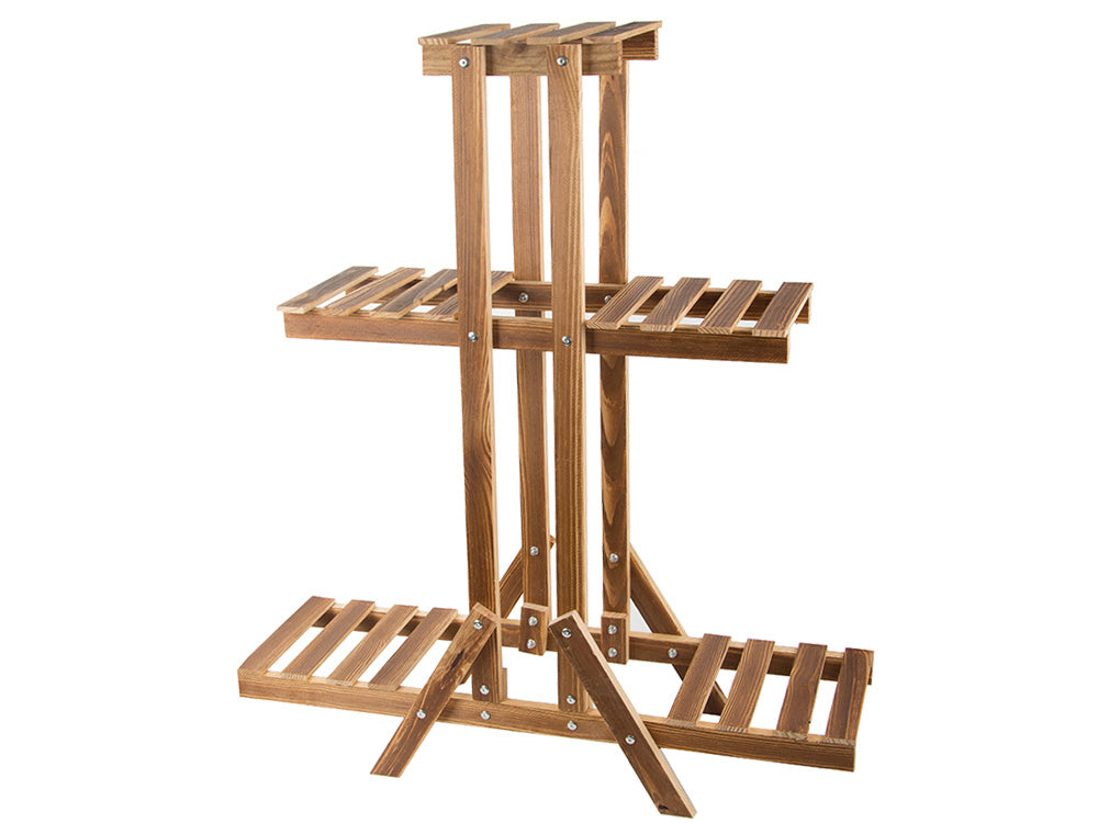 Trīspakāpju puķu podu statīvs koka puķu podiem