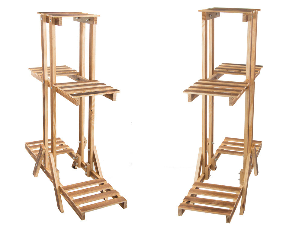 Trīspakāpju puķu podu statīvs koka puķu podiem