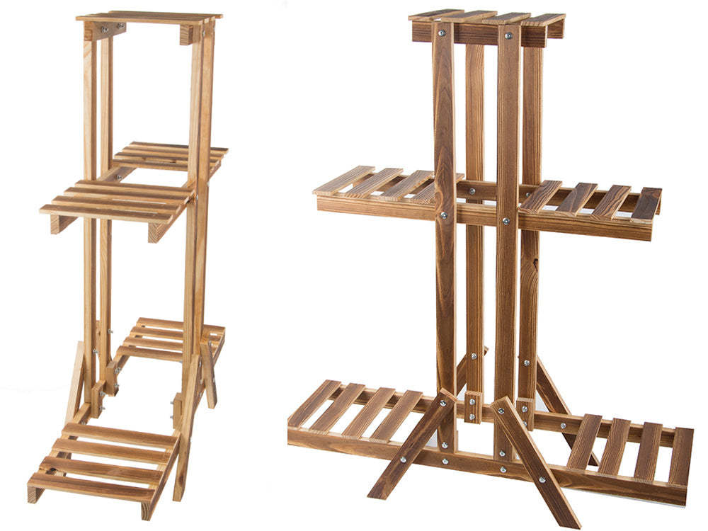 Trīspakāpju puķu podu statīvs koka puķu podiem