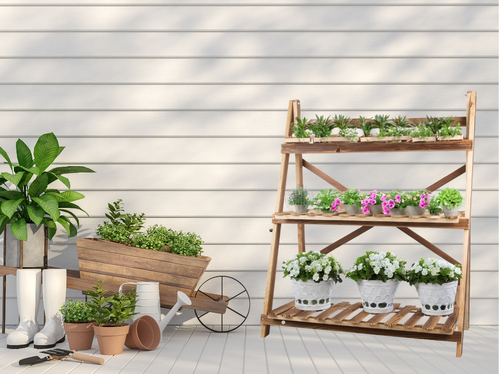 Augsta stāvoša koka puķu dobe ar 3 līmeņiem, grāmatu plaukts