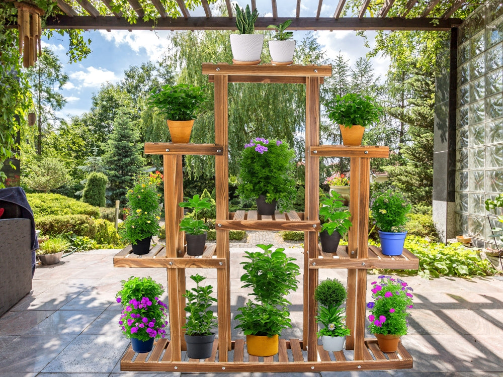 Augsta stāvoša koka puķu dobe ar 3 līmeņiem, grāmatu plaukts