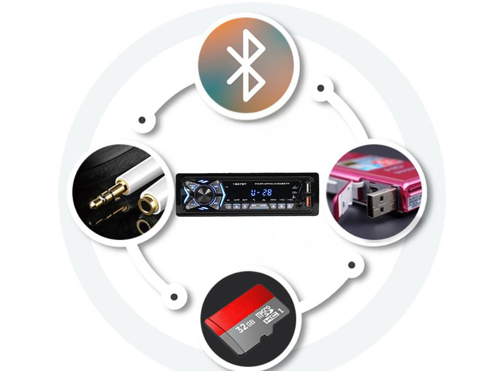 Auto radio Bluetooth USB Aux SD 1 DIN skaļruņa tālvadības pults