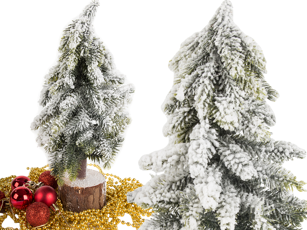 Mākslīgā Ziemassvētku eglīte ar sniegu, mazs dekoratīvs rakstāmgalds uz bieza, sniegota stumbra