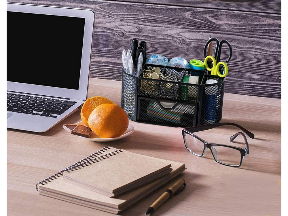 Rakstāmgalda organizators ar 8 nodalījumiem, atvilktnēm, skapīša plauktiem, metāla