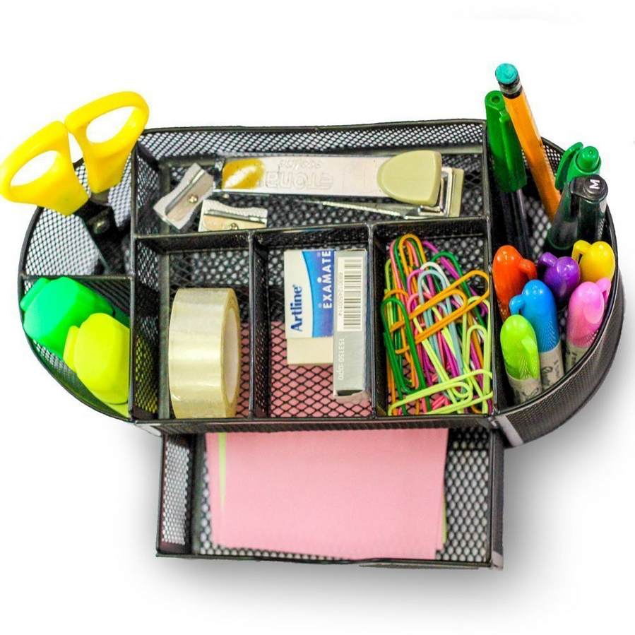 Rakstāmgalda organizators ar 8 nodalījumiem, atvilktnēm, skapīša plauktiem, metāla