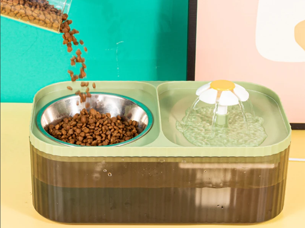 Automātiska kaķu dzirdinātava suņu ūdens strūklaka ar filtru un barības bļodu