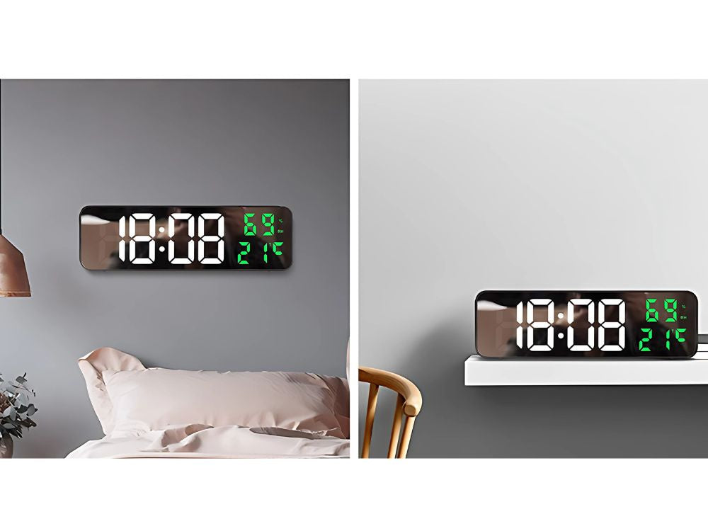 Elektroniskais pulkstenis, digitālais modinātājpulkstenis, termometrs, spogulis, stāvošs, USB baterijas