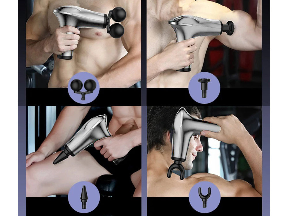Muguras masāžas pistoles ķermeņa kāju masieris spēcīgs masāžas pistoles 4 uzgaļi