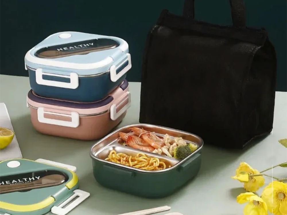 Brokastu kaste ar nodalījumiem, galda piederumu konteiners, pusdienu kaste mikroviļņu krāsnij, 1000 ml