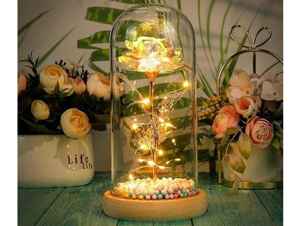 Mūžīgā roze stikla LED gaismas stikla kastītē sieviešu dienā