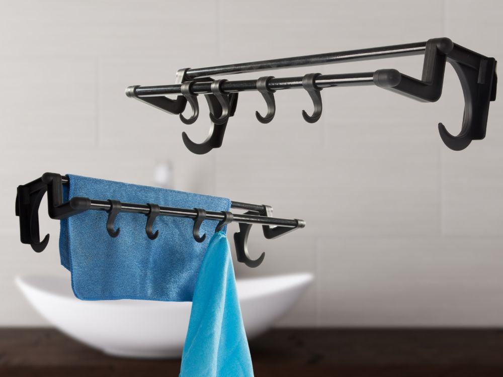 Vannas istabas pakaramais, melns, dvieļiem un aksesuāriem, 40 cm, bez urbšanas, 4 āķi