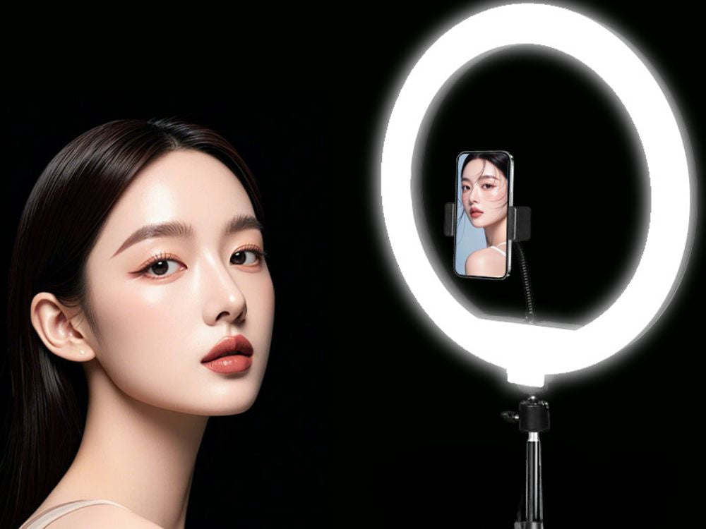 LED gredzenveida gaismeklis + telefona turētājs + statīvs 100 cm 3 abažūri