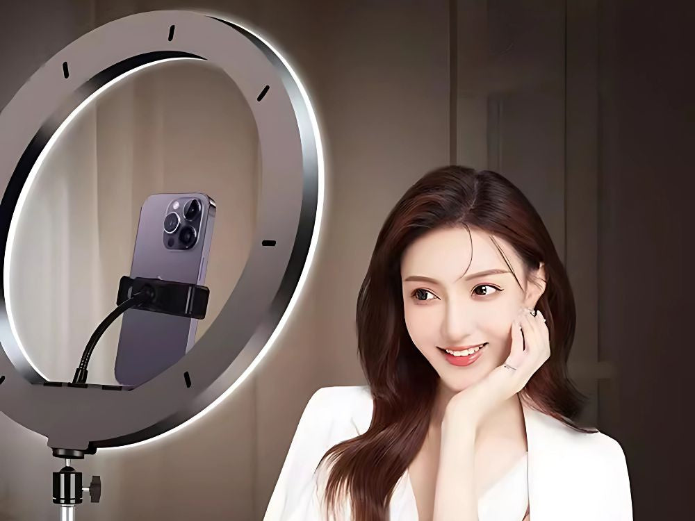 LED gredzenveida gaismeklis + telefona turētājs + statīvs 100 cm 3 abažūri