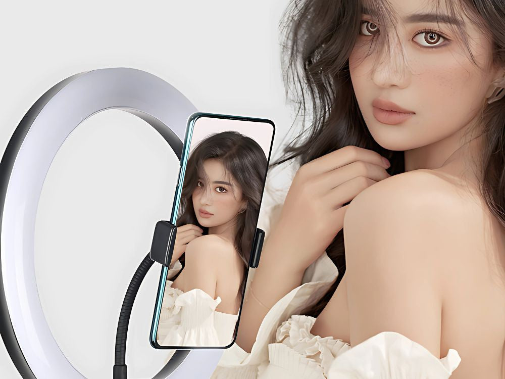 LED RGB gredzenveida gaisma + tālruņa turētājs + regulējams statīvs