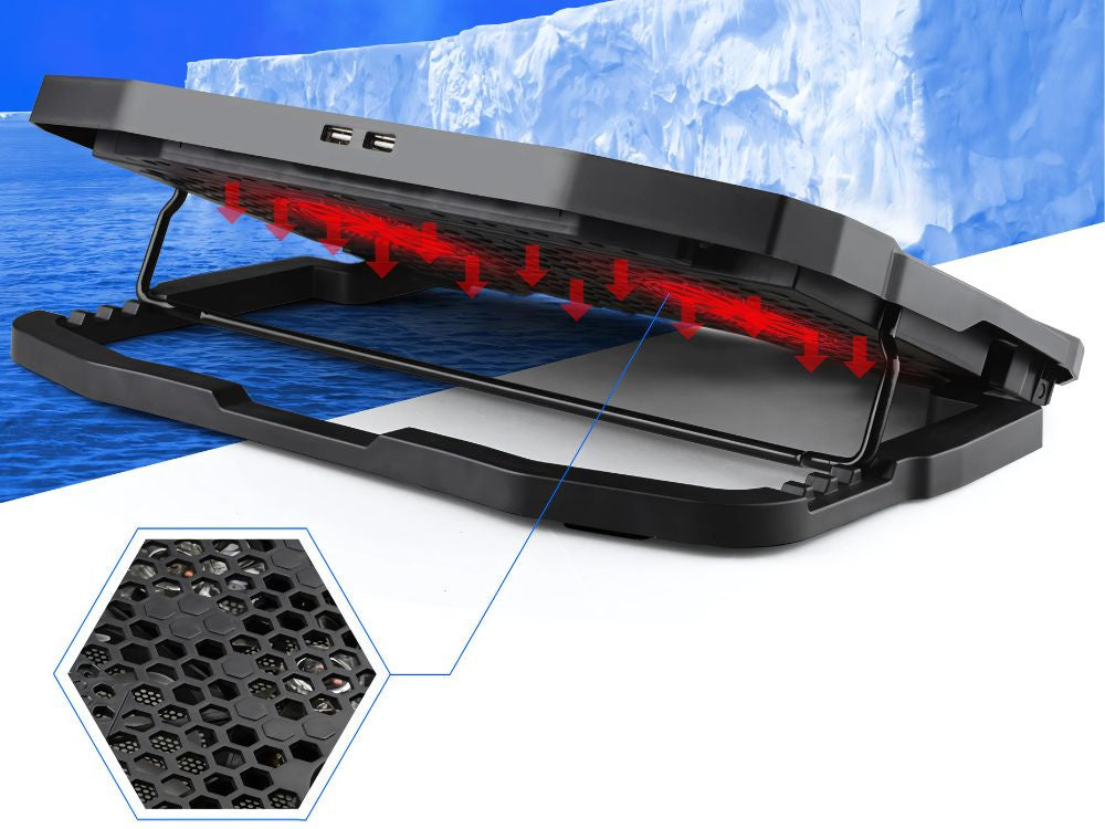 Klēpjdatora dzesēšanas paliktnis ar regulējamu LED apgaismojumu un USB portu