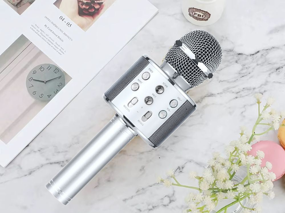 Bezvadu mikrofons Bluetooth karaoke skaļrunis apaļš ar korpusu, dažādi režīmi