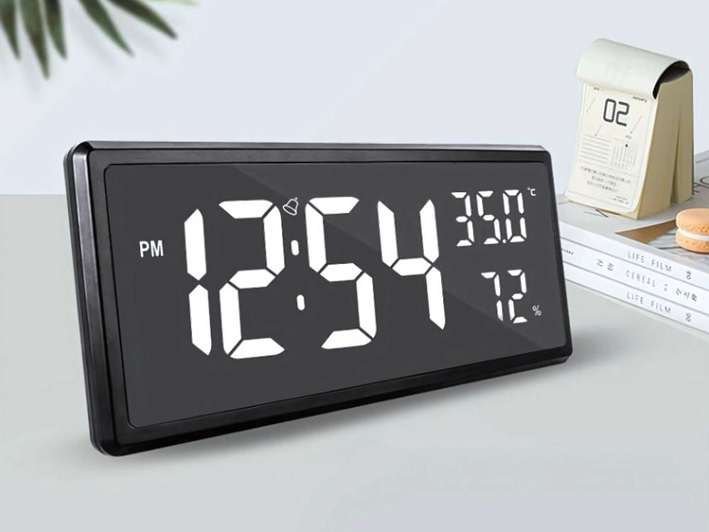 Elektroniskais modinātājpulkstenis ar digitālo LED piekariņu, temperatūras un mitruma rādītājiem