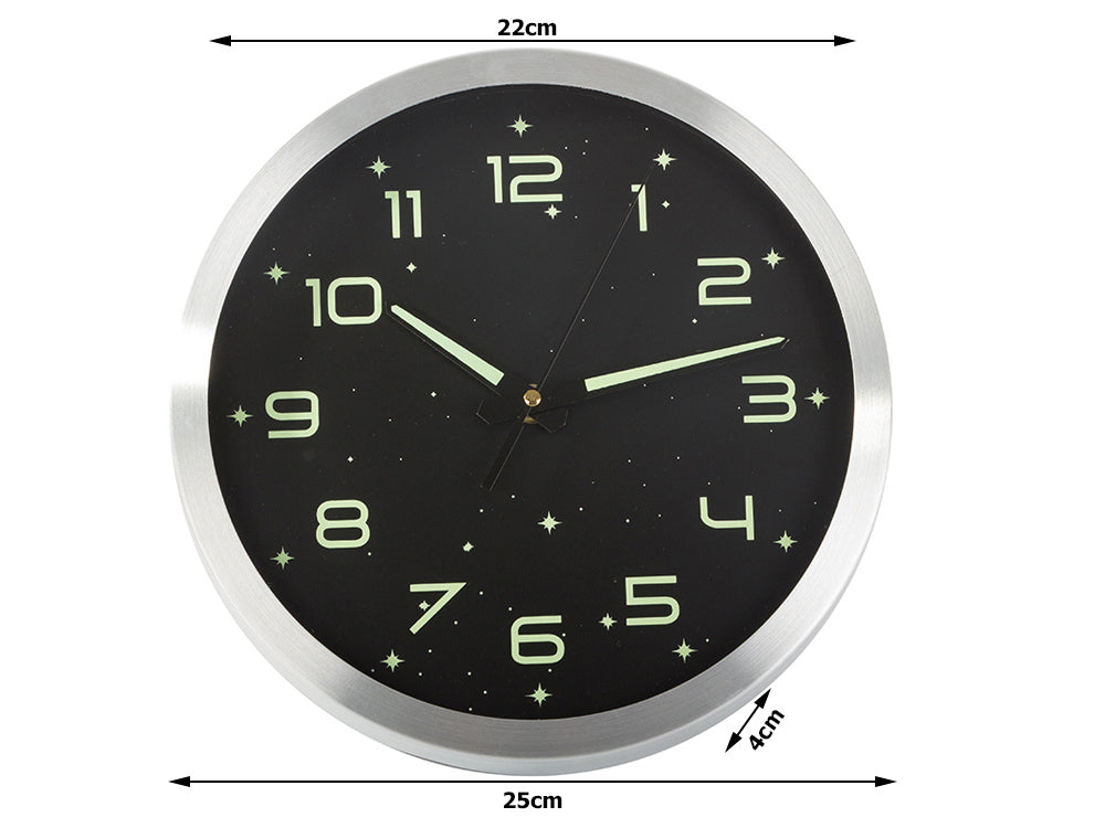 Fluorescējošs liels fluorescējošs sienas pulkstenis ar gaismas zvaigznēm 25 cm