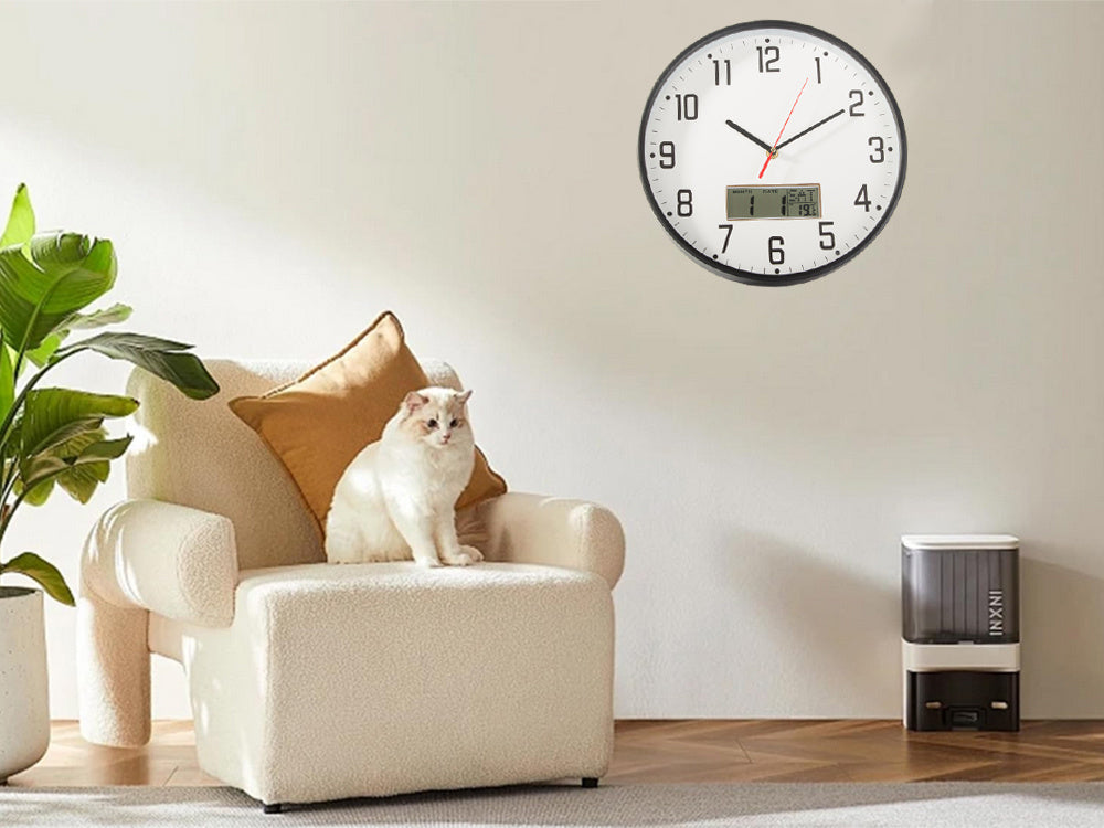 Sienas pulkstenis, liels, kluss, 30 cm, apaļš rādītājs, datums, temperatūra, koks