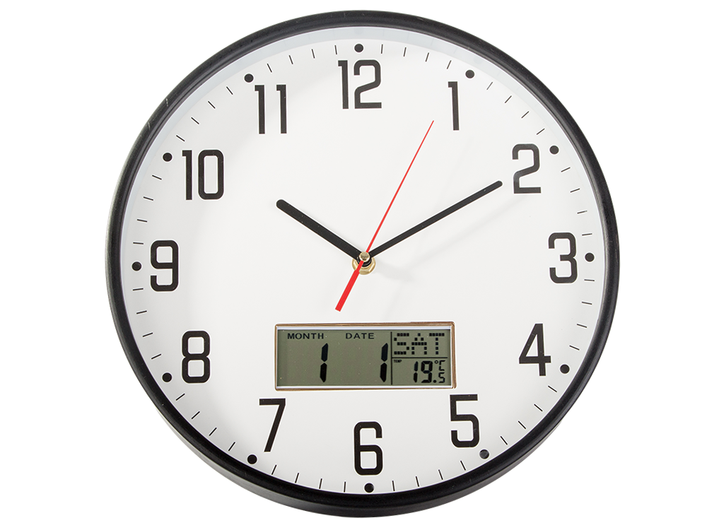 Sienas pulkstenis, liels, kluss, 30 cm, apaļš rādītājs, datums, temperatūra, koks