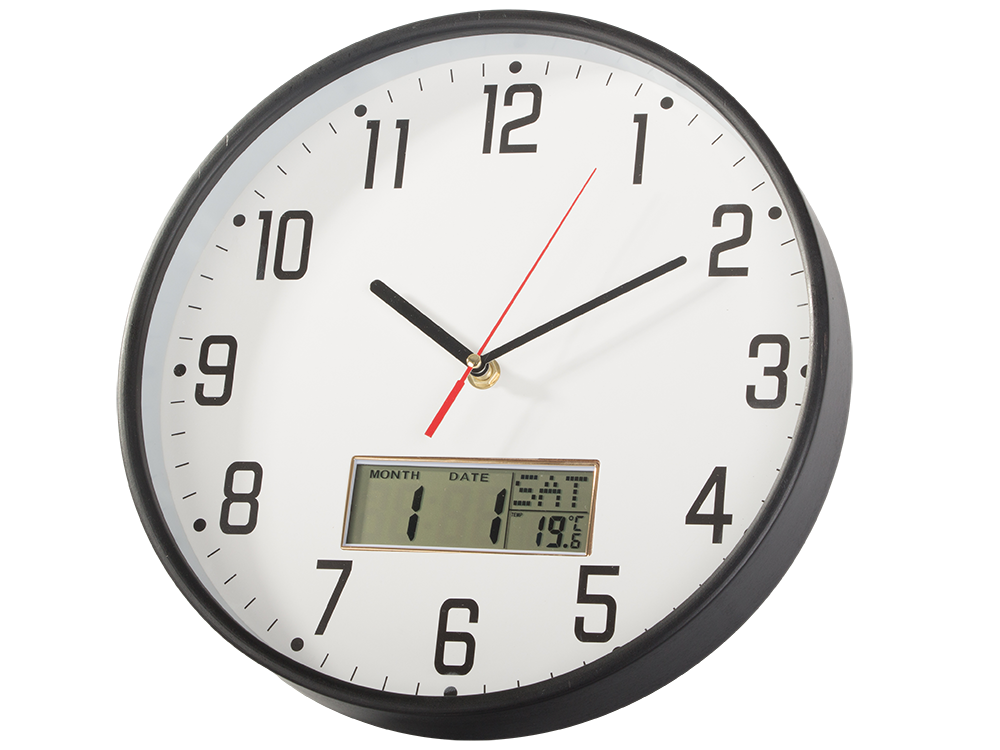 Sienas pulkstenis, liels, kluss, 30 cm, apaļš rādītājs, datums, temperatūra, koks