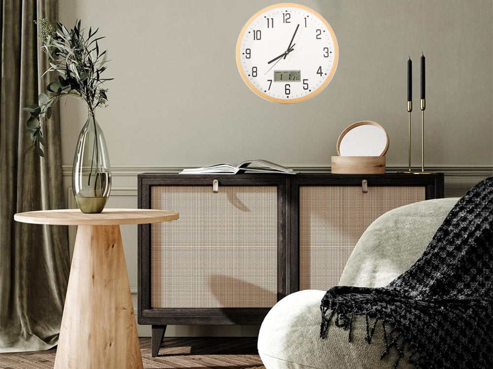 Sienas pulkstenis, liels, kluss, 30 cm, apaļš rādītājs, datums, temperatūra, sekundes