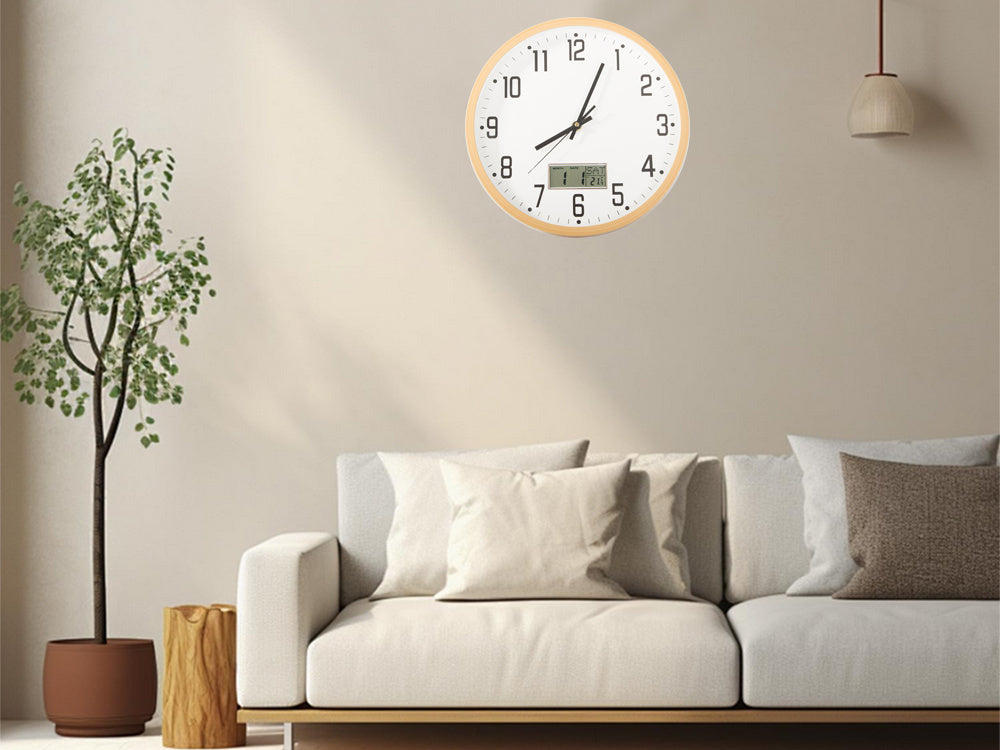 Sienas pulkstenis, liels, kluss, 30 cm, apaļš rādītājs, datums, temperatūra, sekundes