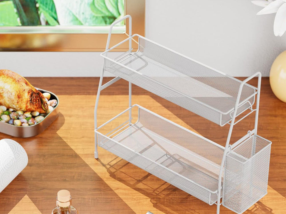 Virtuves plaukts bēniņu virtuves organizators divstāvu statīvs ar grozu