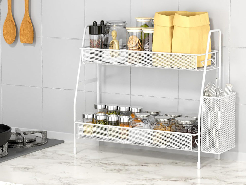 Virtuves plaukts bēniņu virtuves organizators divstāvu statīvs ar grozu